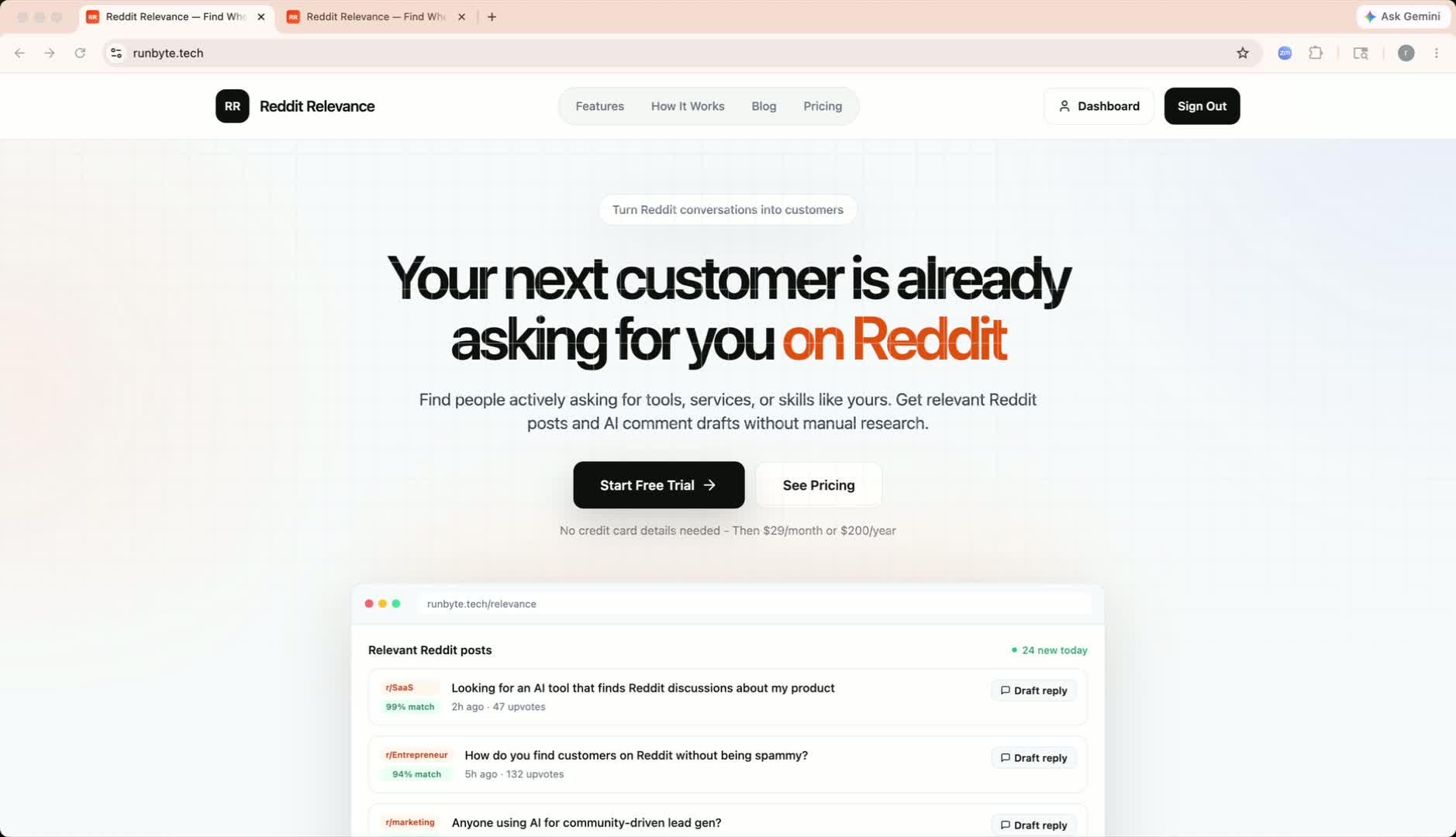 Reddit Relevance dashboard showing signal categories